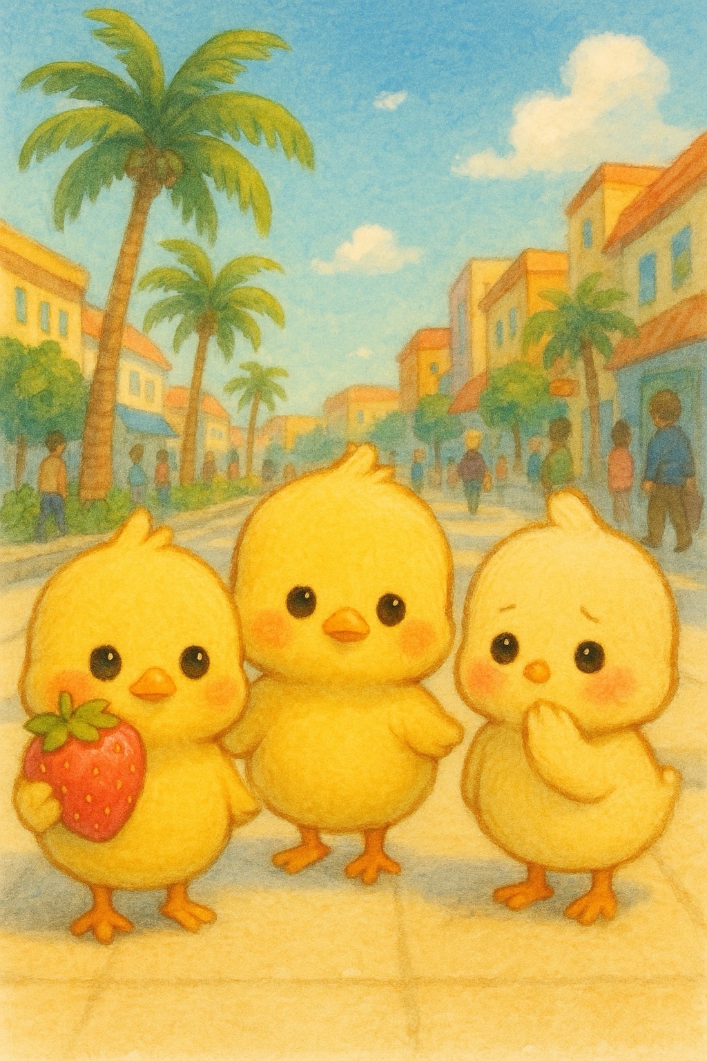 このイラストには、南国の街並みでワクワクしているヒヨコ三兄弟が描かれています。