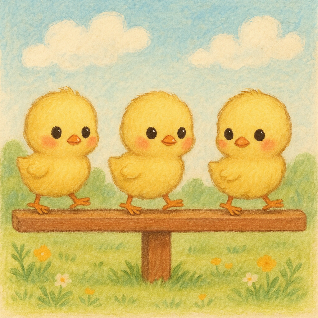 イラストの説明ピヨ！平均台をわたるヒヨコ三兄弟ピヨ！先頭のひよこくんが後ろの様子を見てるけど、危ないピヨよ！