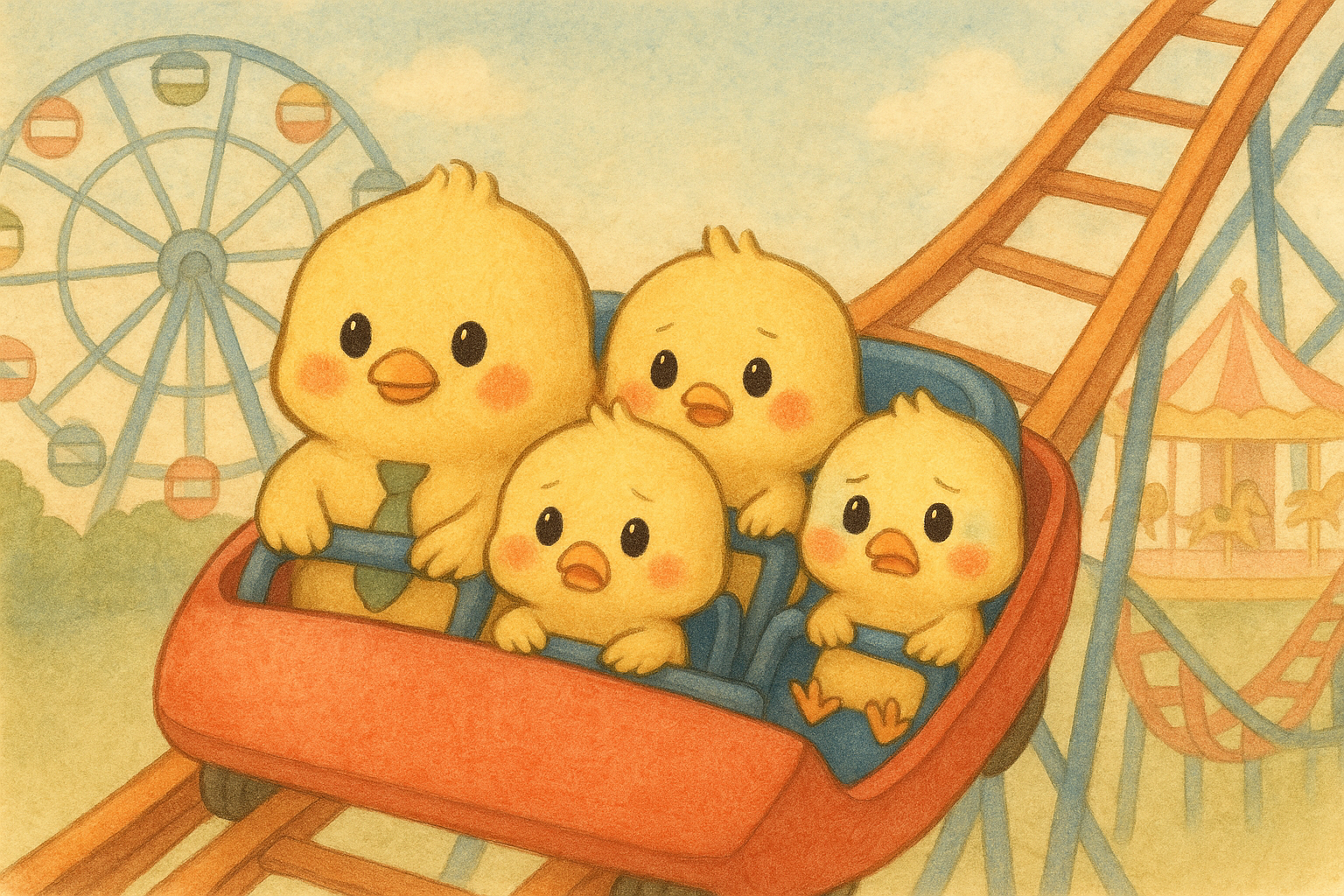 ジェットコースターにのるヒヨコ三兄弟とパパピヨ！ヒヨコくんとひよたくんは困った顔で力が入って、ぴもんくんはリラックスしてるピヨ！