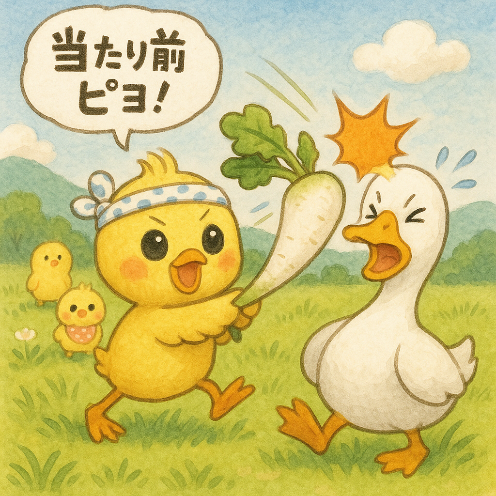このイラストの説明ピヨ！ヒヨコくんがブンブン振り回した大根がアヒルさんの頭にごちん！ヒヨコくんはキリッとした顔で当たり前ピヨ！って言ってるピヨ！