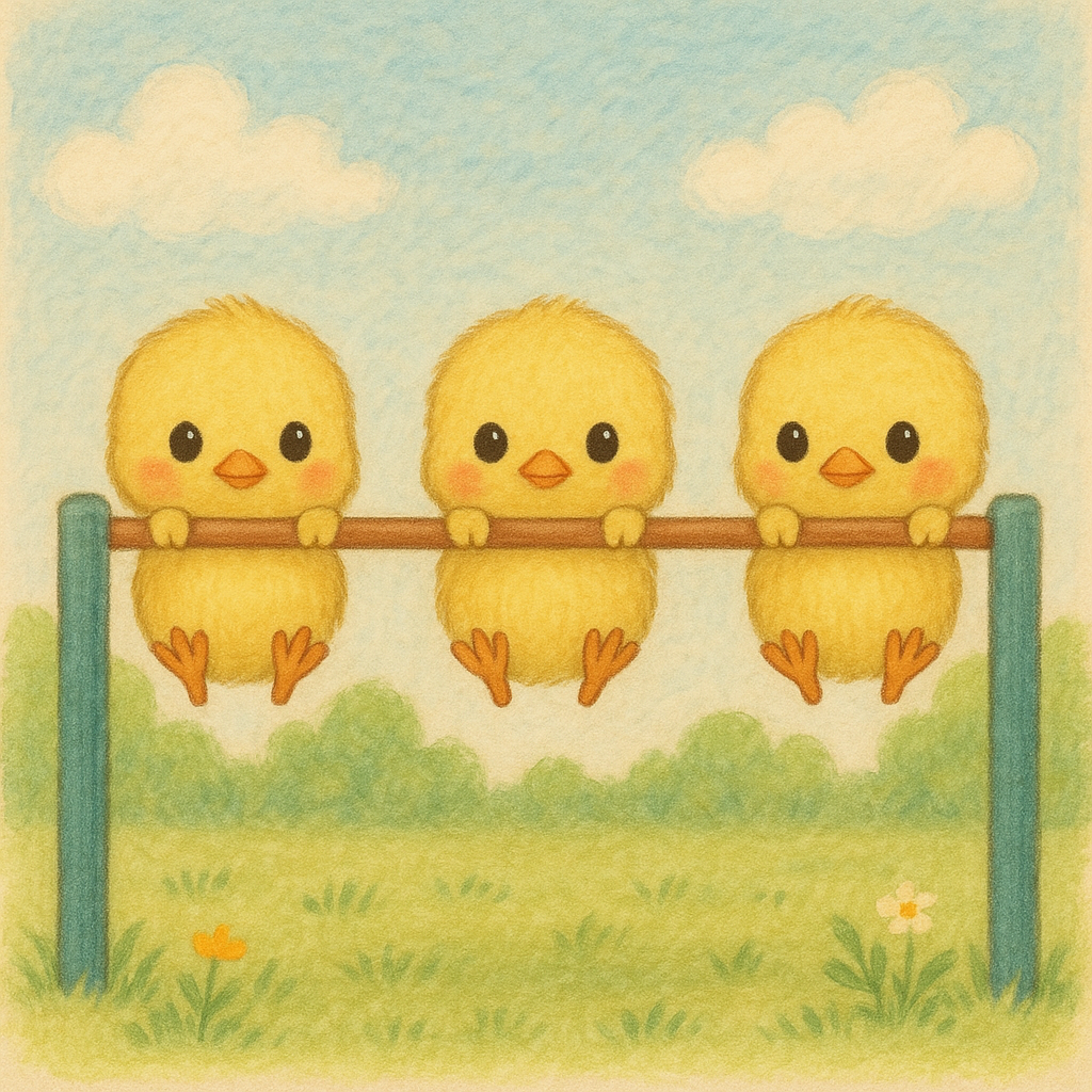 イラストの説明ピヨ！ヒヨコ三兄弟が3羽並んで鉄棒にしがみついているピヨ！