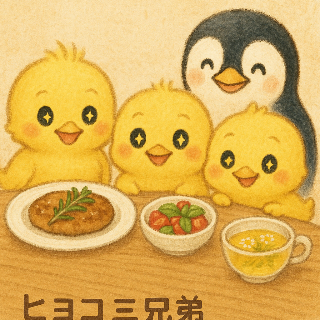 イラストの説明ピヨ!ローズマリーとお肉のソテーと、バジルとトマトのサラダ、カモミールのハーブティーを見て、身がキラッキラに輝いているヒヨコ三兄弟ピヨ✨