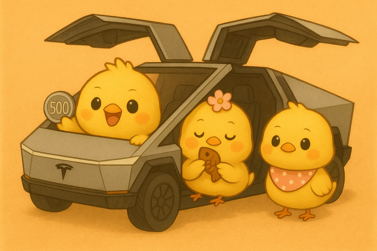 イラストの説明ピヨ！テスラのサイバーキャブにのりこんでテンションマックスなヒヨコくん、フィッシュアーモンドにうっとりしているぴもんくん、ニコニコ見守るようにしているひよたくんが描かれているピヨ