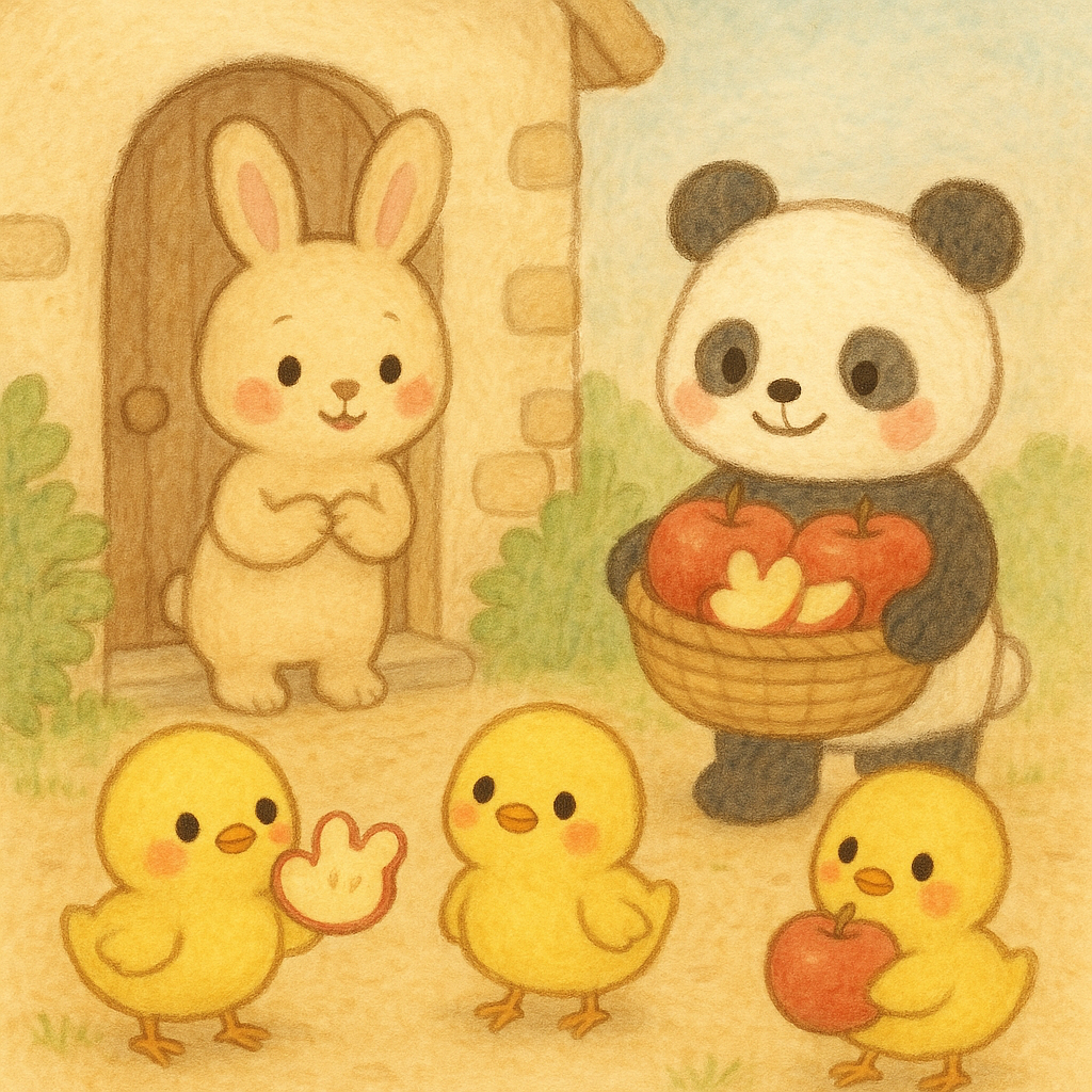 イラスト説明ピヨ！リンゴが入ったかごを持ったりんちゃんと、家の前で微笑んでいるベルちゃんがいるピヨ！周りにはりんごのお料理を持ったヒヨコたちがてちてち歩き回っているピヨ！