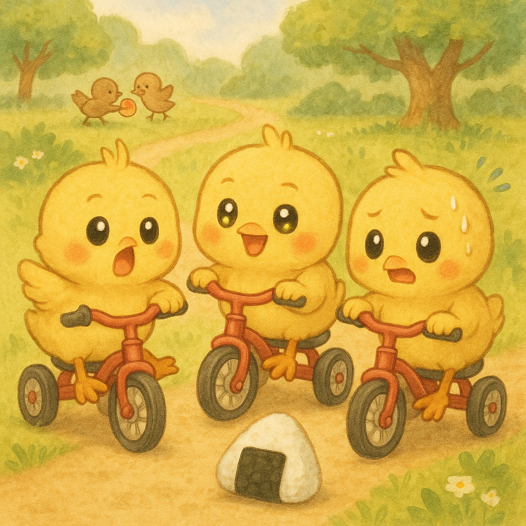 イラストの説明ピヨ！コース内に転がり込んできたおにぎりに驚くヒヨコくん、目を輝かせるぴもんくん、そんな兄を見て慌てるひよたくんが描かれているピヨ