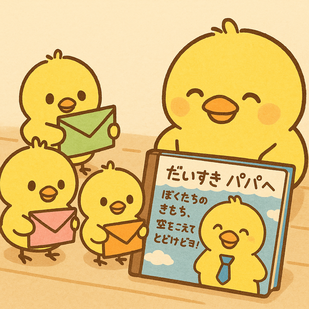 イラストの説明ピヨ！ヒヨコパパが笑顔でアルバムを持っていて、表紙には、ネクタイをしたパパの似顔絵があるピヨ！表紙の文字は「だいすき パパへ ぼくたちのきもち、空をこえてとどけピヨ！」と書かれているピヨ！三兄弟は、それぞれ色違いの封筒（緑、ピンク、オレンジ）を持っているピヨ！