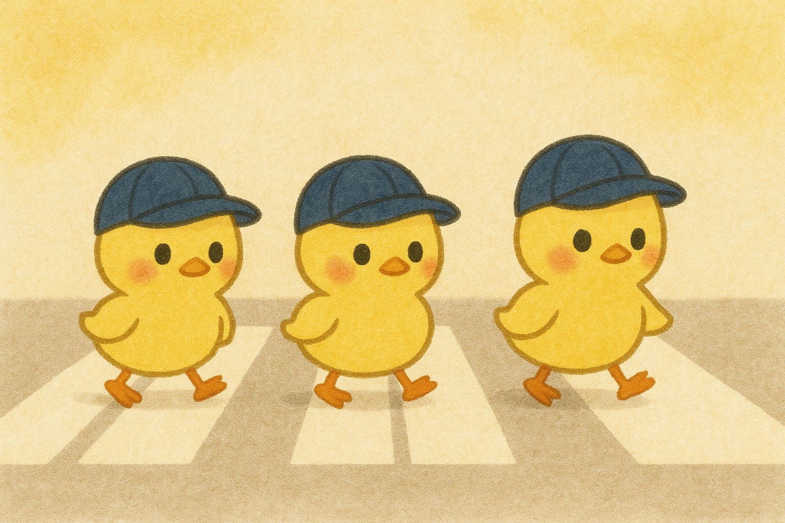 イラストの説明ピヨ！ヒヨコ三兄弟がお揃いの青い帽子をかぶって横断歩道を渡っているイラストピヨ！