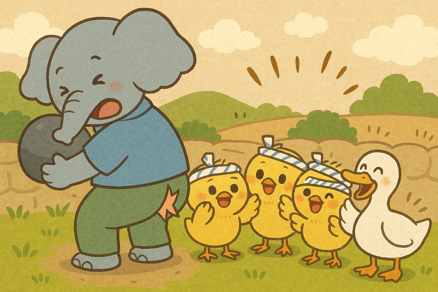 イラストの説明ピヨ！すーさんのズボンが破れてお尻が丸見えで、ヒヨコさもアヒルさんも爆笑してるピヨ！すーさんは顔を赤くして照れてるピヨ！笑