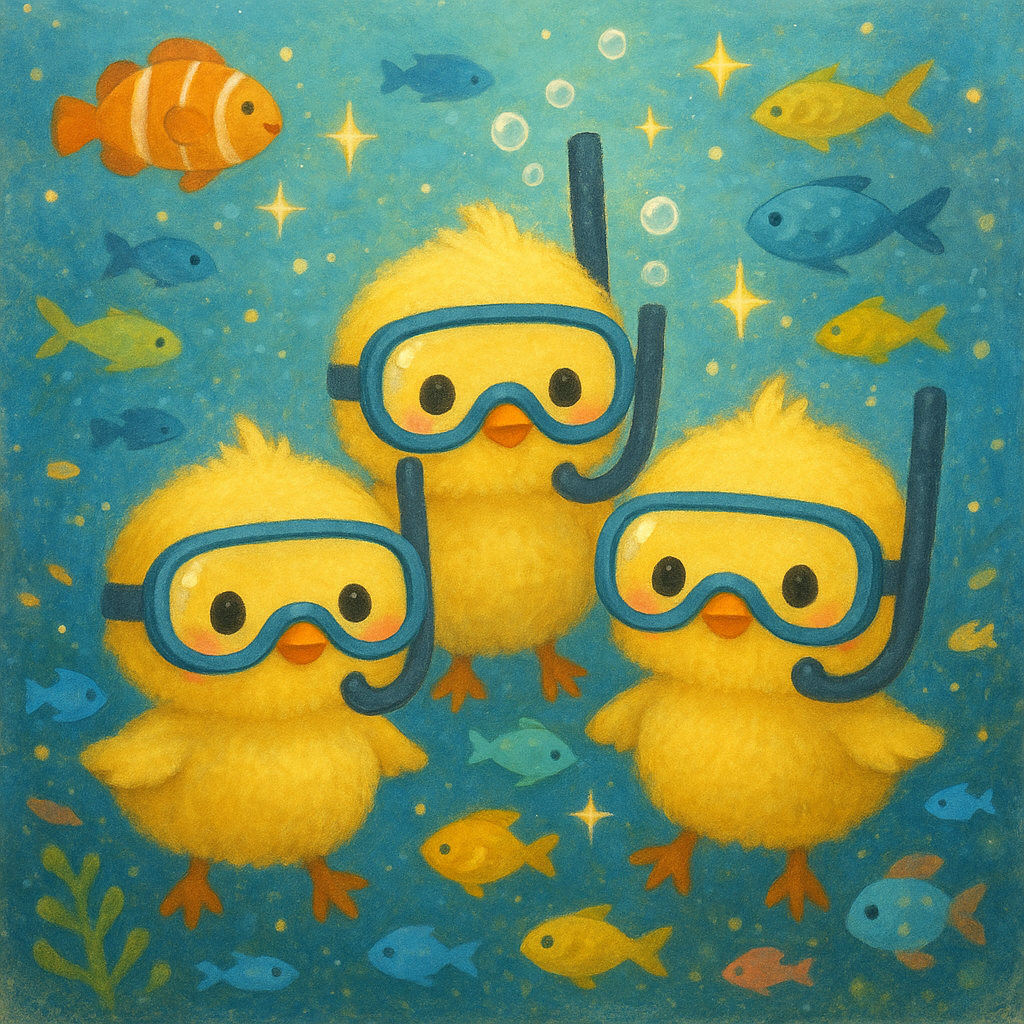 ヒヨコ三兄弟がゴーグルつけて海の中をスイスイ泳いでるピヨ！まわりにキラキラ光るお魚さんたちがたくさんいて、とっても楽しいピヨ！ほっぺがほんのり赤くて、とびきりかわいいピヨよ〜！