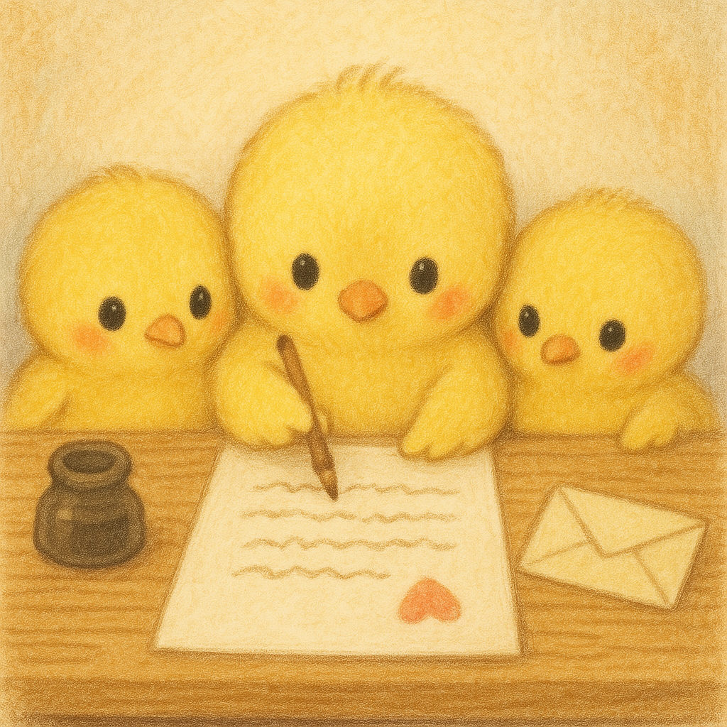 イラストの説明ピヨ！ヒヨコ三兄弟がヒヨコパパへの手紙を認めているピヨ！まずはヒヨコくんから！