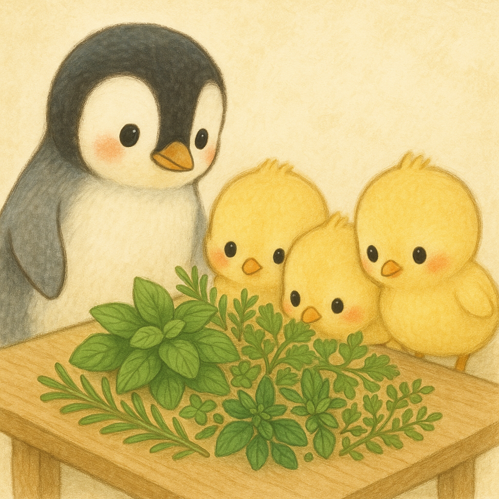 イラストの説明ピヨ!よいちゃんが用意してくれたの上に並べられたハーブをクンクンしているひよこ3兄弟ピヨ!