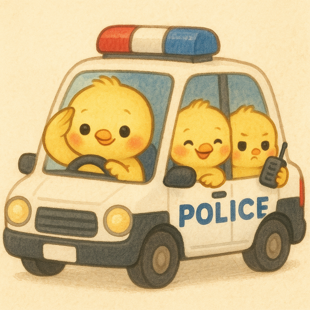 イラストの説明ピヨ！パトカーに乗っているひよこ3兄弟が描かれているピヨ！ヒヨコくんは敬礼！ぴもんくんはのんびりほわん、ひよたくんは無線を持っているピヨ！