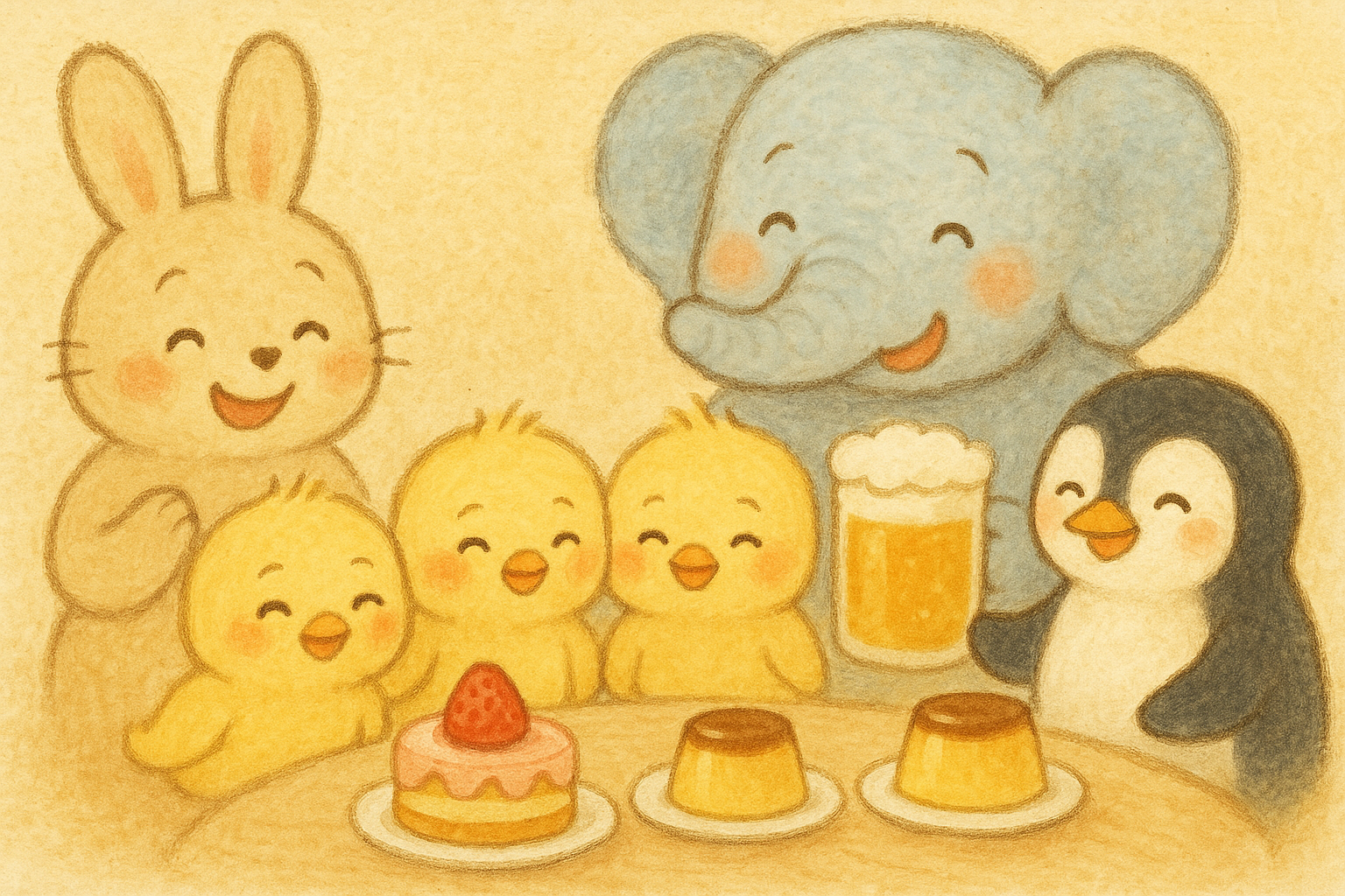 このイラストは、ベルちゃんが作ったいちごのケーキやプリンを食べて、笑顔になっているヒヨコ三兄弟、すーさん、よいちゃんたちピヨ