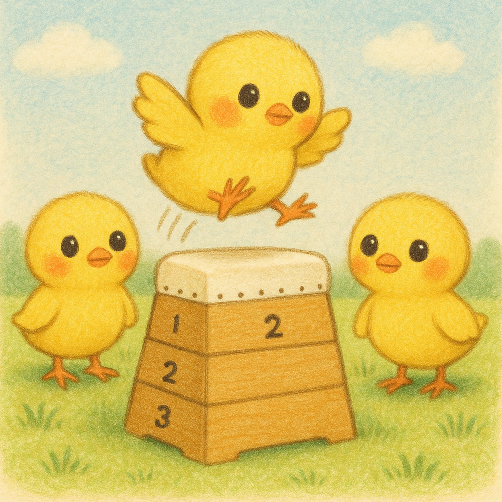 イラストの説明ピヨ！跳び箱を飛んでいるひよこ3兄弟ぴよ！羽使ったらダメピヨよ？