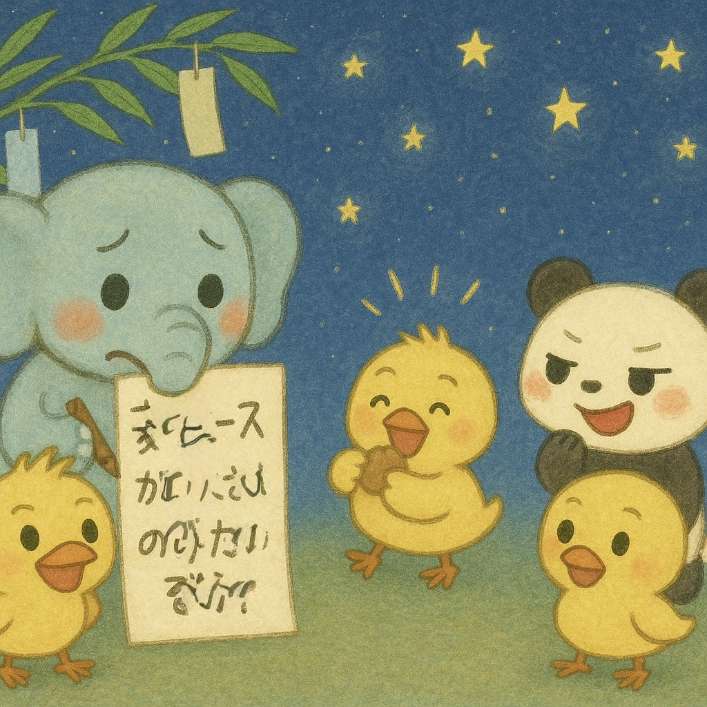 すーさんが、へたっぴな字で「むぎじゅーすのみほうだいぞう！」って短冊に書いたピヨ！ヒヨコ三兄弟とリンちゃんが笑ってるピヨ〜！おほしさまキラキラの七夕のよるピヨ！