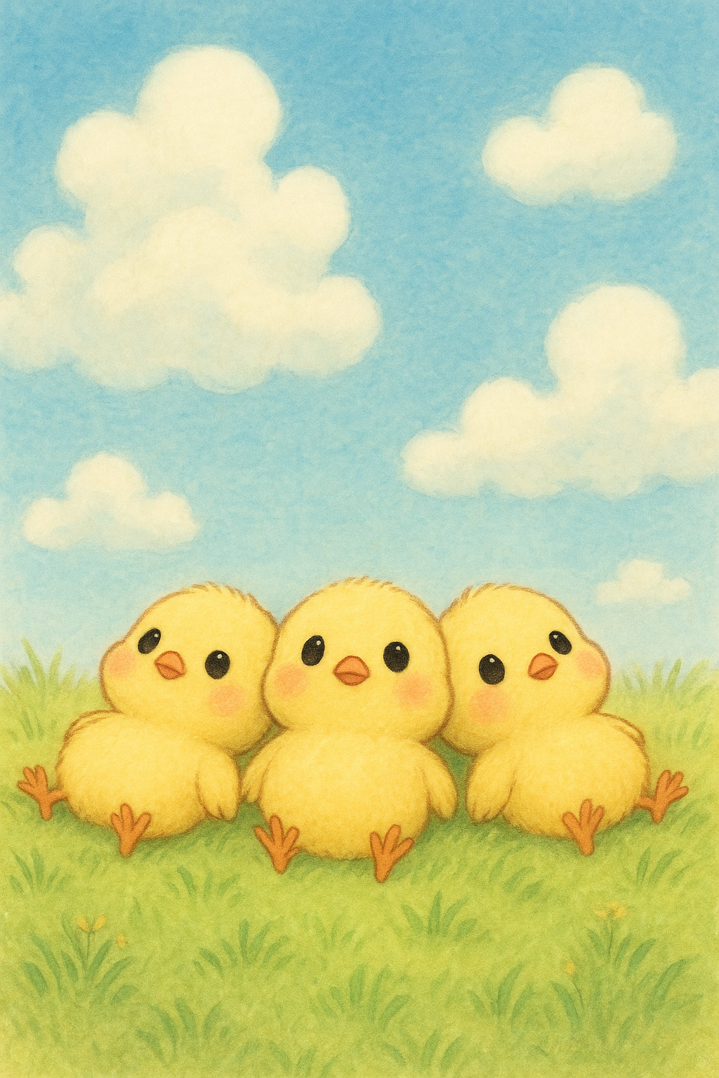 イラストの説明ぴよ。草原の上で寝転んで青空を見上げるヒヨコ三兄弟ピヨ！よりそっていて３羽の絆が今日重されているピヨね