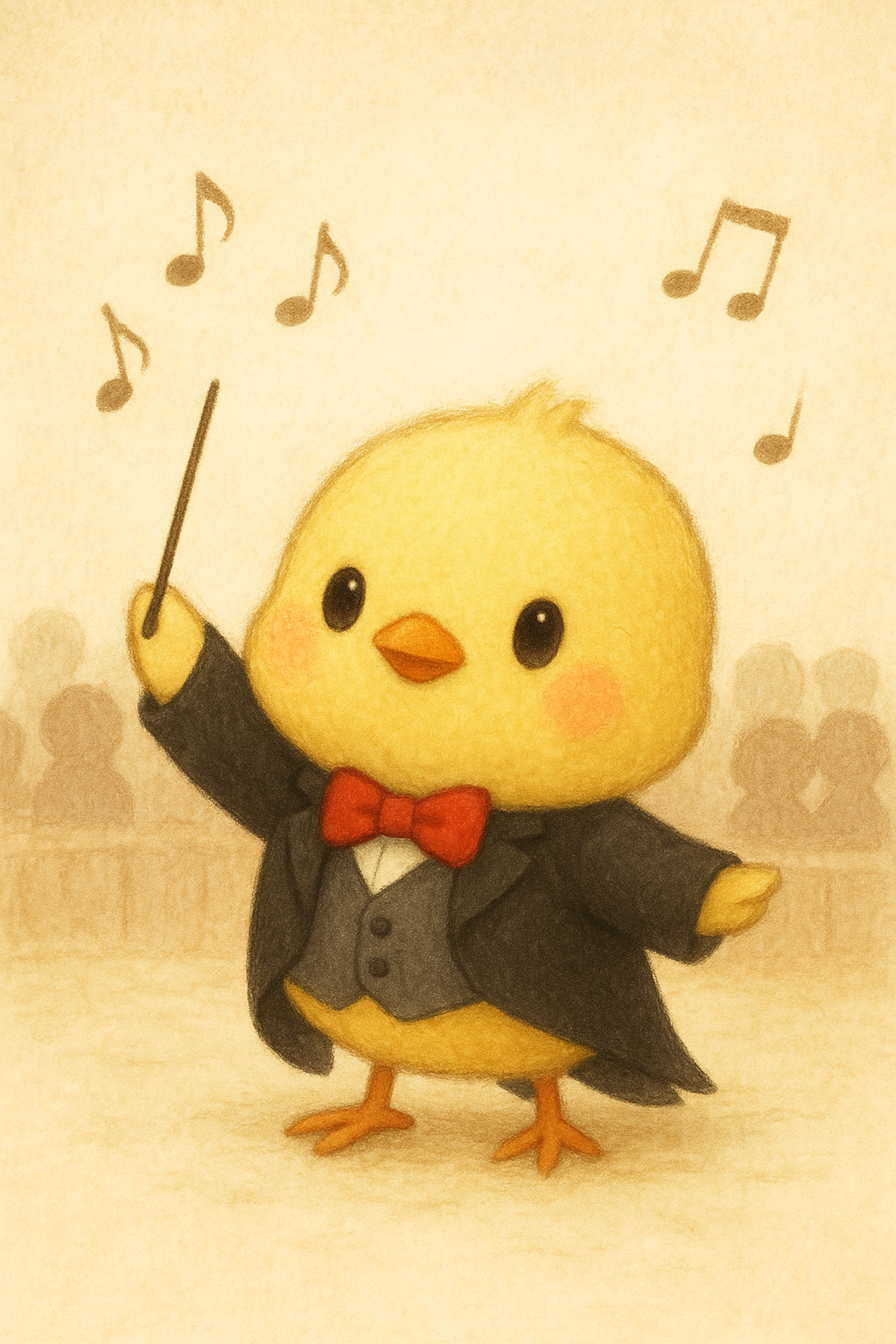 イラストの説明ピヨ！赤い蝶ネクタイと燕尾服を着て、ぴしっとタクトを構えるヒヨコくんピヨ！