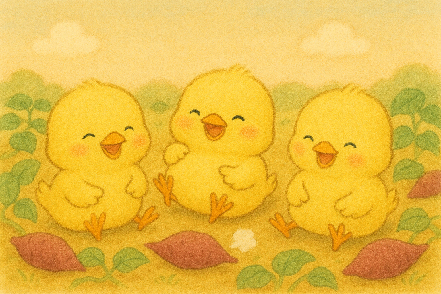 イラストの説明ピヨ！さつまいもばたけでヒヨコ三兄弟が笑い合ってるピヨ！きっかけはおならだけど、たくさん笑って楽しくてよかったぴよね！