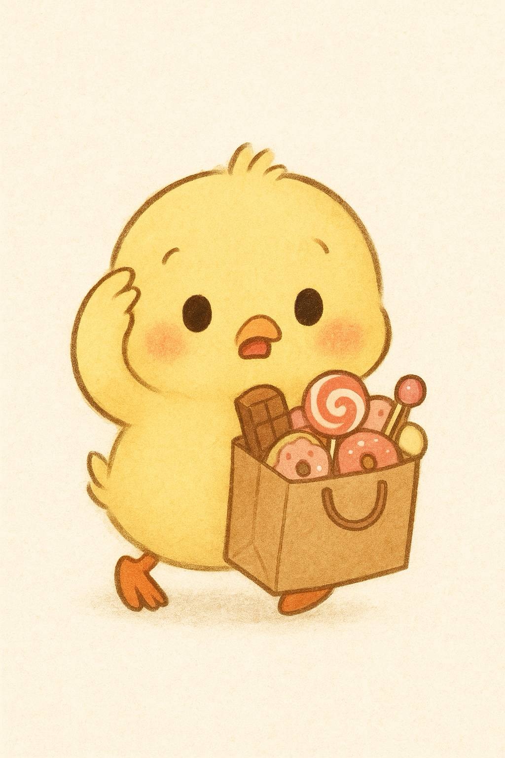イラストの説明ピヨ！お菓子がたくさん入った袋を持って、しまったピヨ！という表情をしているヒヨコくんピヨ！