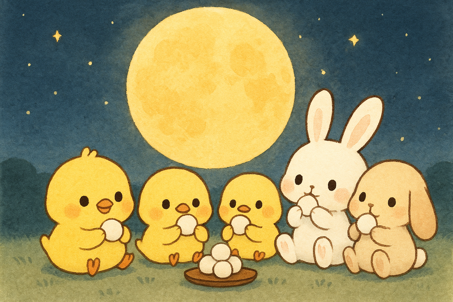 イラストの説明ピヨ！まんまるお月様の下でひよこ三兄弟と、ウサギーズがちょこんとお座りしてお団子をもぐもぐほおばっていピヨ。月がきれいピヨね！