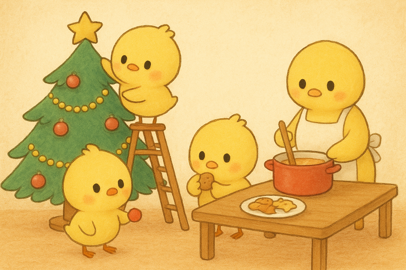 イラストの説明ピヨ！ヒヨコくんはツリーの飾り付け、ぴもんくんはクッキーをを持って、ひよたくんは、うーん、何かを持っているピヨ？