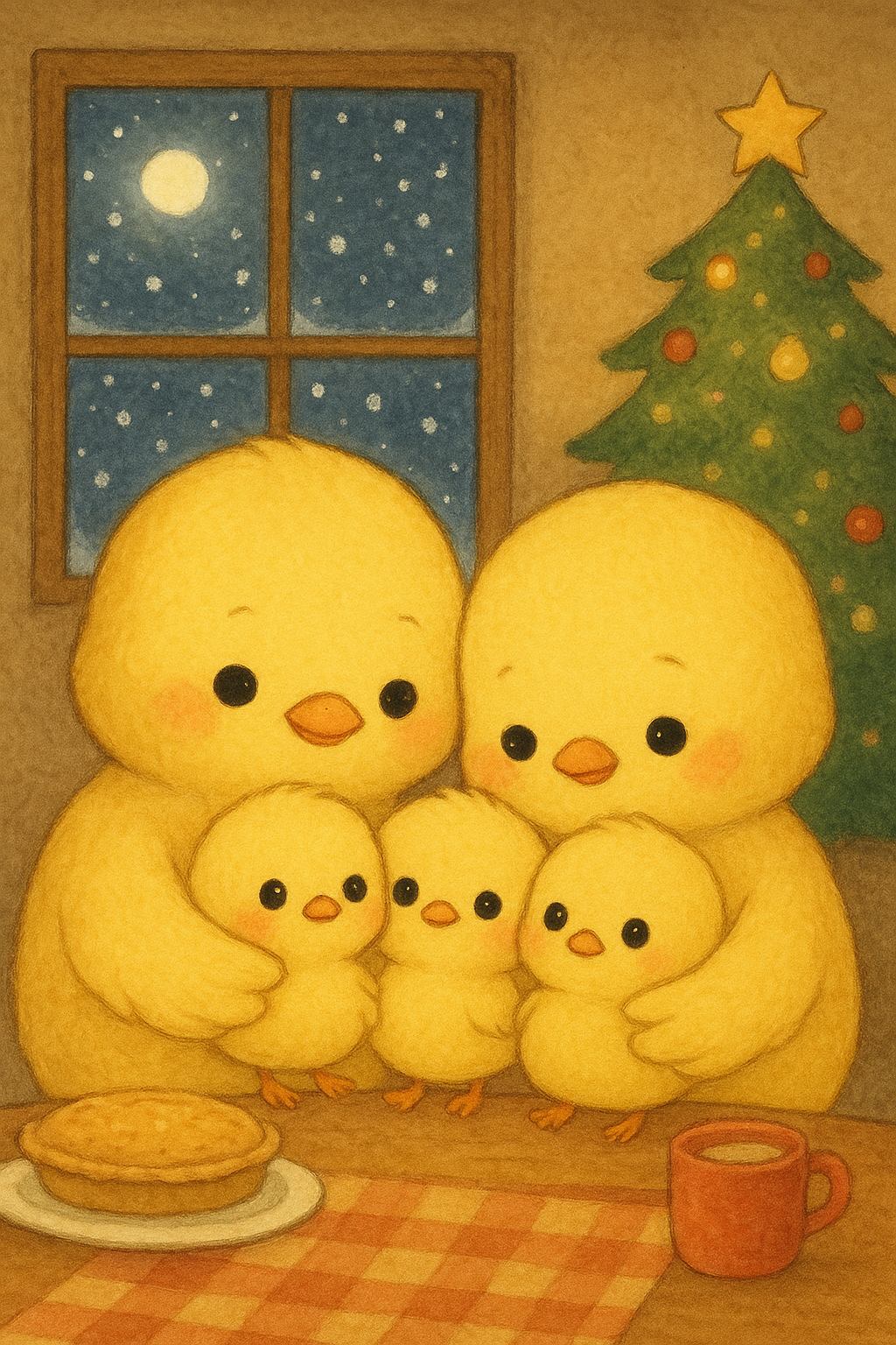 イラストの説明ピヨ。パパママとヒヨコ三兄弟がぎゅーっとくっついてるピヨ！外は雪ピヨ、夜ピヨ、お月さまキラキラピヨ！お部屋にはクリスマスツリーピヨ、星ピカピカピヨ！テーブルにパイとマグカップあるピヨ！みんなで楽しくあったかピヨピヨ〜！