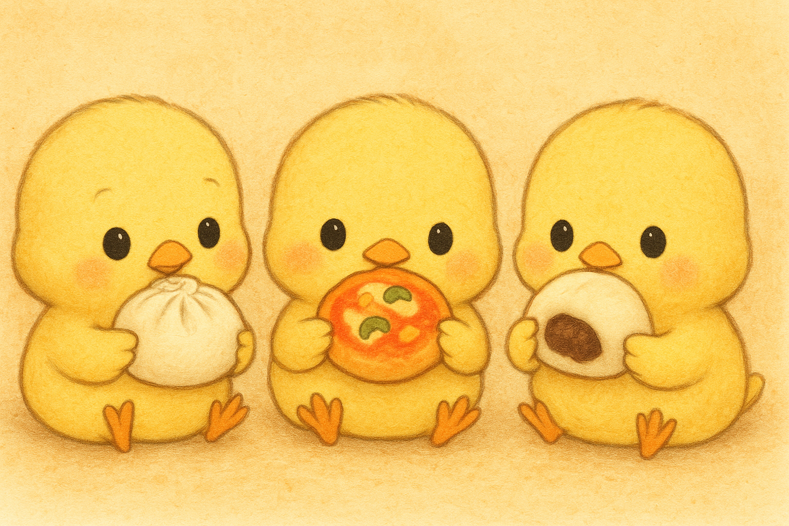 イラストの説明ピヨ!右から肉まん?を持つヒヨコくん、ピザまん?をもつぴもんくん、あんまんを持つひよたくんピヨ!ピザまんが不思議ピヨ!生地の上にピザの具が乗っかってるピヨ!