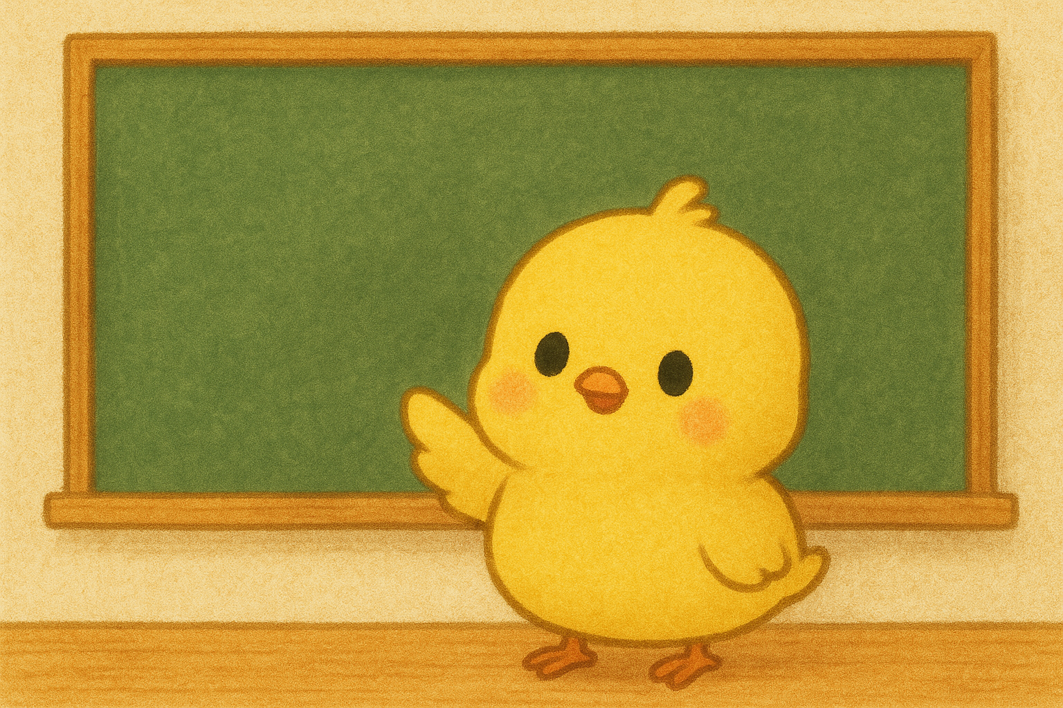 イラストの説明ピヨ。黒板の前で何かを説明しているひよたくんピヨ！かわいいピヨ！