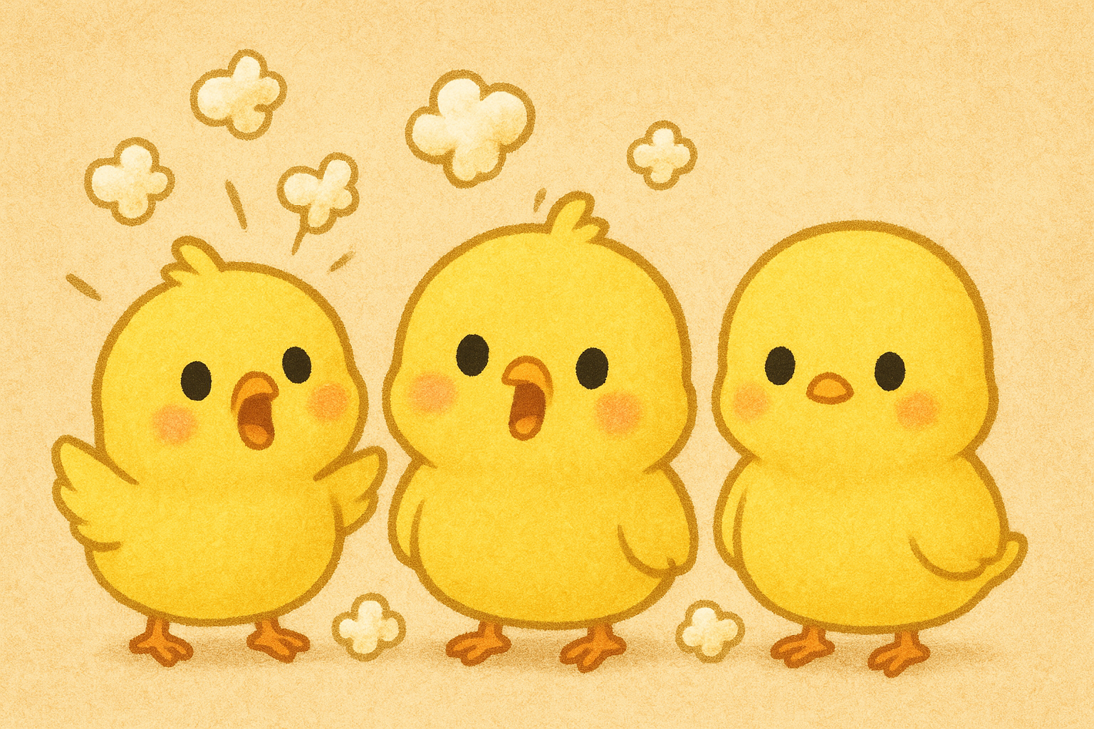 イラストの説明ピヨ！ポップコーンがポンポン破裂してびっくりしているヒヨコくんとぴもんくん。そんな中冷静にポップコーンを見ているひよたくんのイラストピヨ！