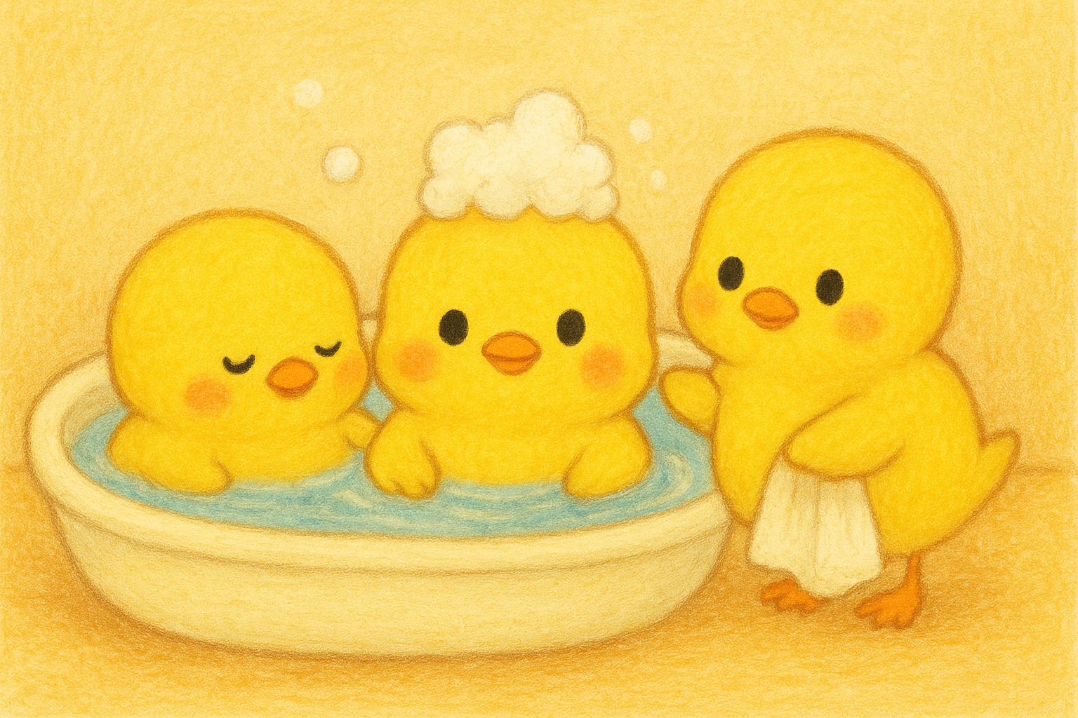 イラストの説明ピヨ！あったかい おふろで ぴもんくんは あったかくてしあわせ ピヨ〜。 ヒヨコくんは あたまに あわを のせて コックさんごっこ ピヨ！ ひよたくんは タオルを持ってって にっこり ピヨ 🐥🛁