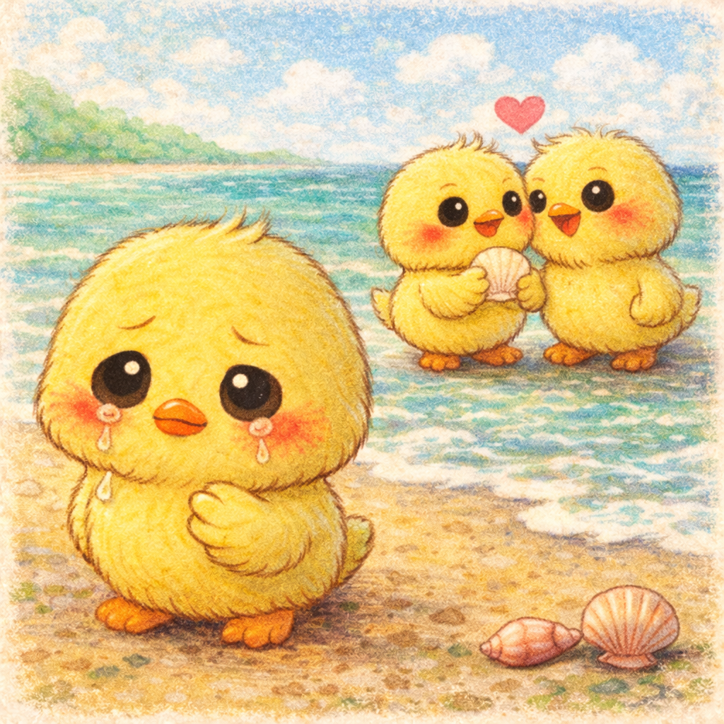 イラストの説明。浜辺で、ぴもんくんが胸をぎゅっとおさえて ぽろぽろ涙をこぼしてるピヨ……。 遠くでは仲よさそうなふたりのヒヨコがいて、 ぴもんくんの恋がそっと終わったことが伝わるピヨ。 かなしくて、でもやさしい風が吹いてる一枚ピヨ🌊💛