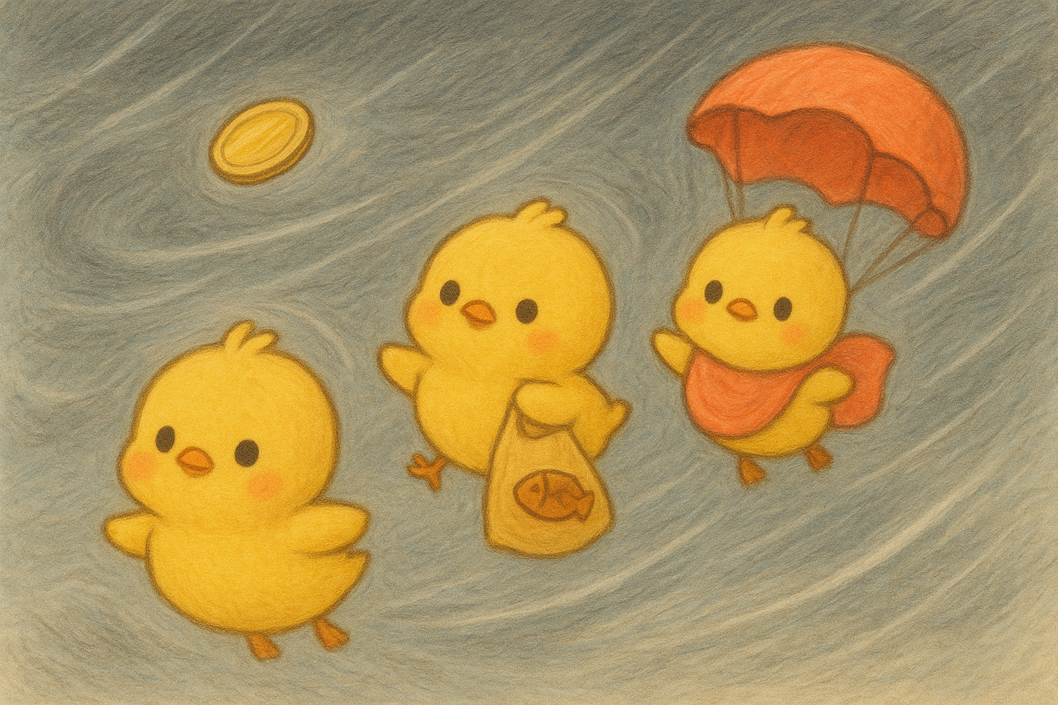 イラストの説明ピヨ。台風のつよい風にくるくる巻き上げられて、ヒヨコ三兄弟がお空をとんでいるピヨ。 ヒヨコくんのコインはキラリとまわって、ぴもんくんのフィッシュアーモンドは袋ごとクルクル、ひよたくんのスタイはパラシュートみたいにふくらんで、ヒラヒラしているピヨ。