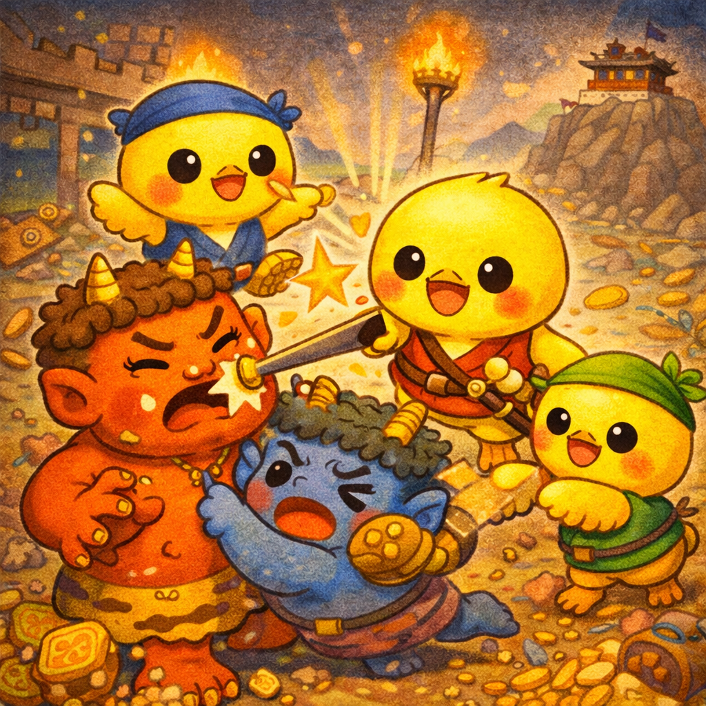 イラストの説明ピヨ。ピヨ太郎たちが元気いっぱいに鬼とたたかってる場面ピヨ! まんまるおめめでドタバタ大さわぎ、鬼たちはびっくりピヨ! みんな力を合わせて、もうすぐ勝ちそうな感じピヨ〜!