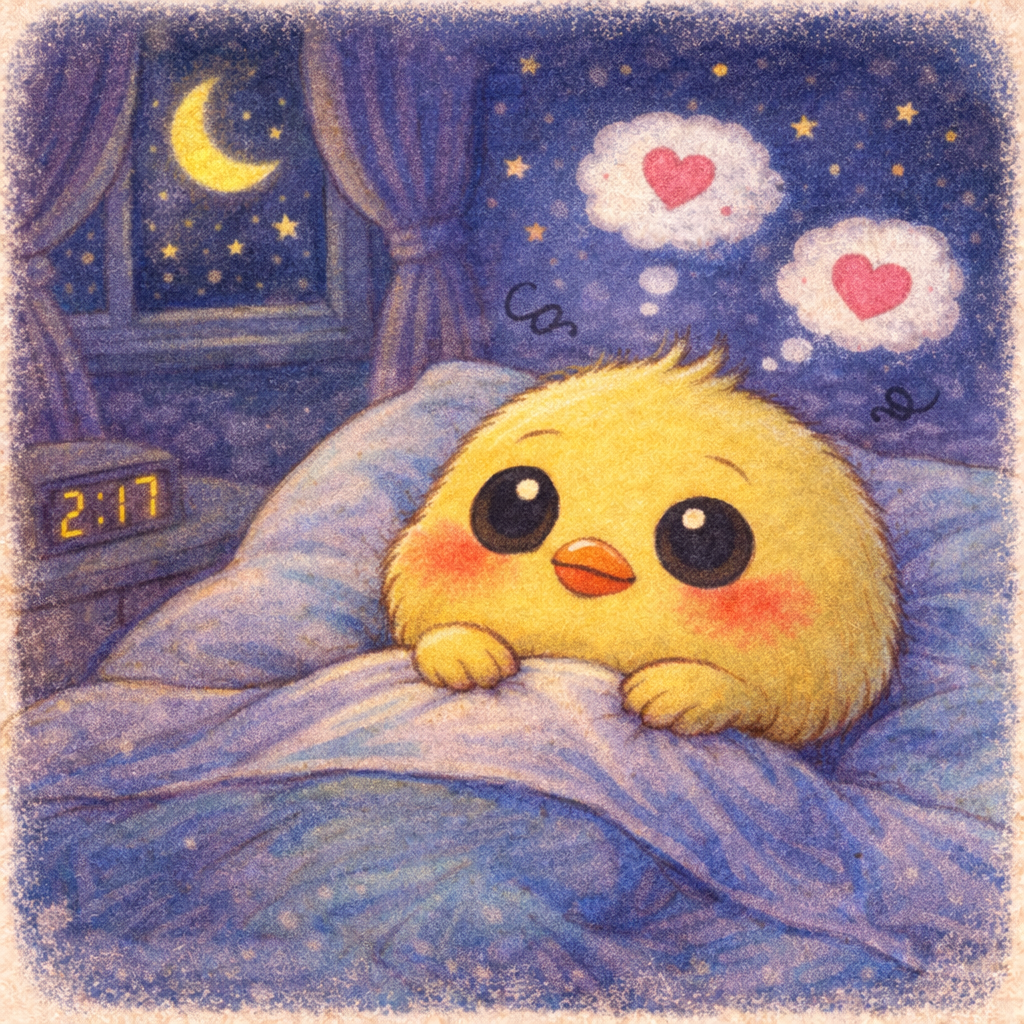 イラストの説明。おやすみの時間なのに、 ぴもんくんはおふとんの中でぱっちりおめめピヨ。 ほっぺをほんのり赤くして、 お月さまを見ながら恋のことを考えてるピヨ。 ねむれないドキドキが、お部屋いっぱいにふわふわしてるピヨ🌙💭