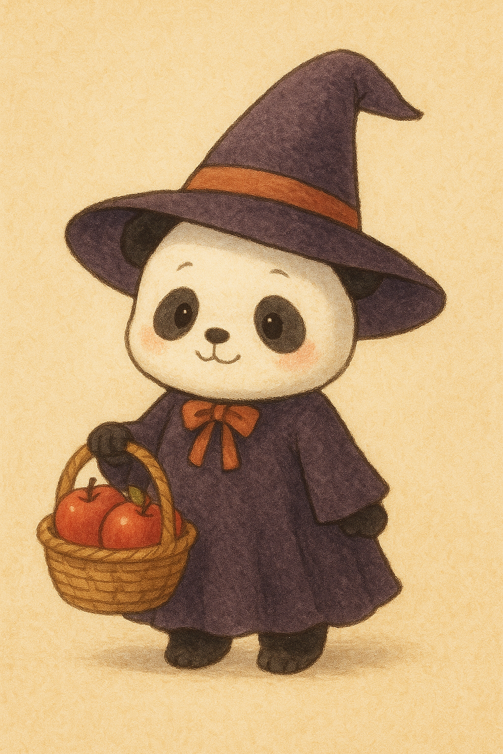 イラストの説明ピヨ！大きなりんごが入ったカゴを持つ魔女スタイルのリンちゃんピヨ！可愛いけど怪しい雰囲気ピヨ