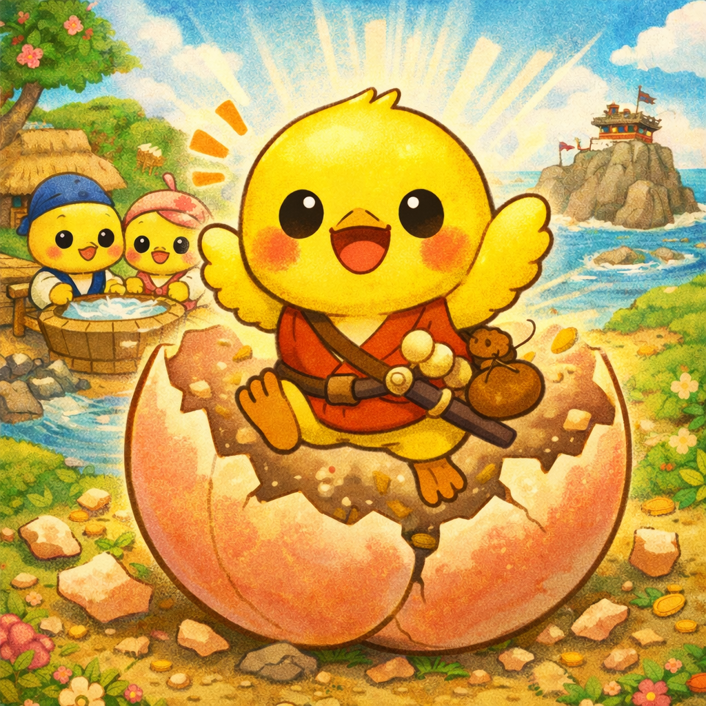 イラストの説明ピヨ。おっきな卵がパカーンって割れて、ピヨ太郎が元気に飛び出したピヨ! 目はまんまる、ほっぺはほんのり赤くてにこにこピヨ! これから冒険がはじまる予感でいっぱいの場面ピヨ〜!