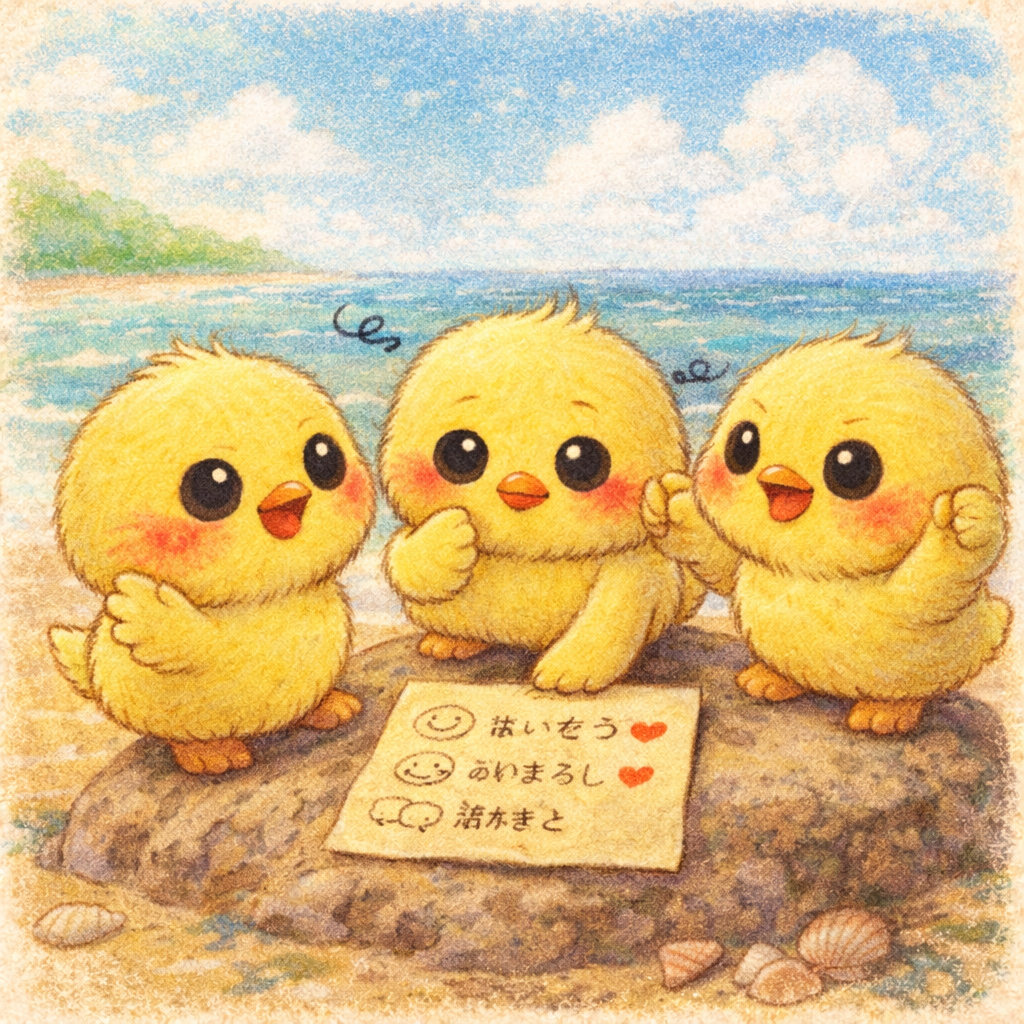 イラストの説明。浜辺のいわの上で、 ヒヨコ三兄弟がむぎゅっと集まって作戦会議ピヨ！ まんまるおめめをきらきらさせて、 「どうするピヨ？」「こうするピヨ！」って ぴもんくんの恋を一生けんめい考えてるピヨ🌊🐥✨
