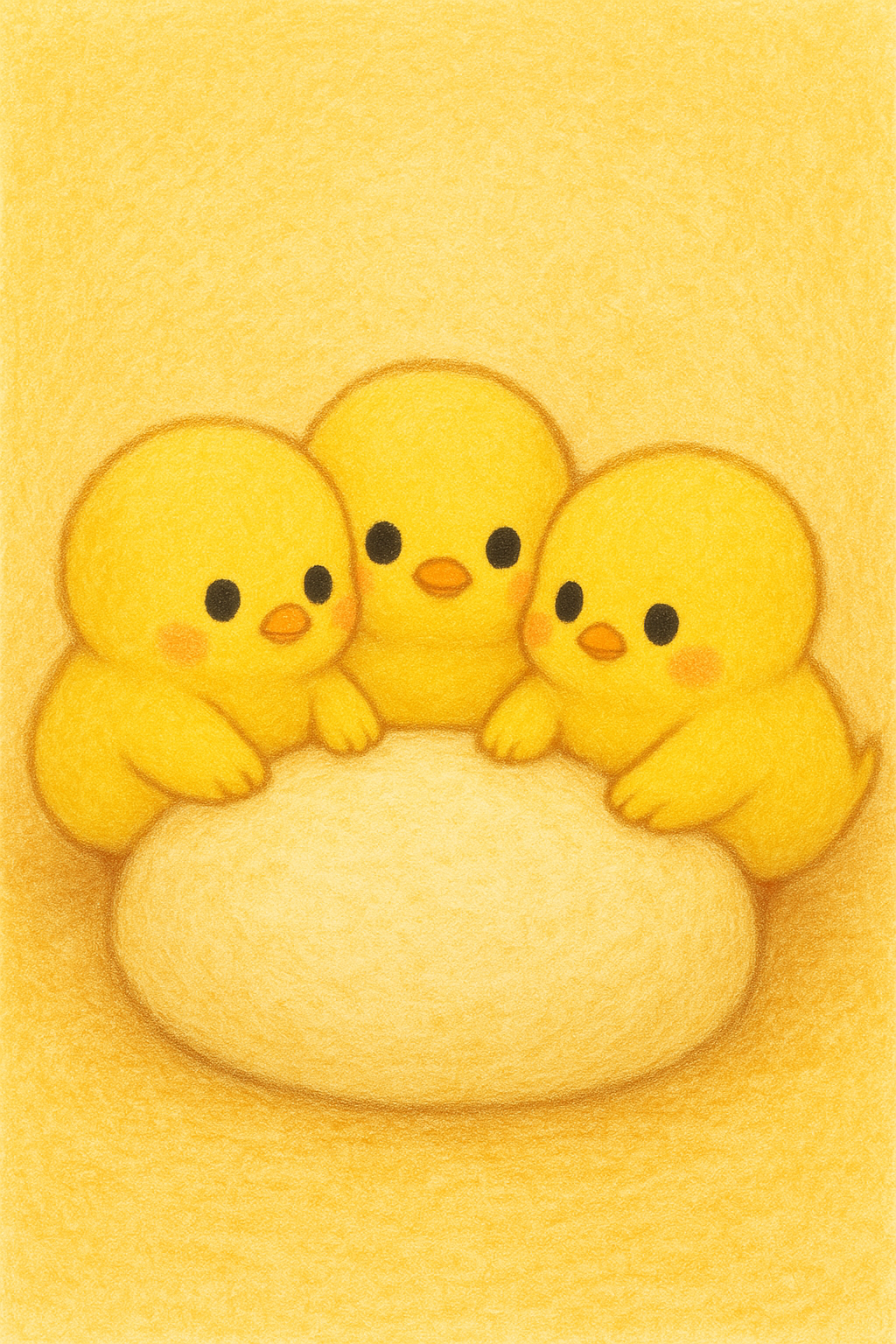 イラストの説明ピヨ！おおきな うどんの きじの うえで、 ヒヨコ三兄弟が ぎゅうぎゅう くっついて おしくらまんじゅう してる ピヨ！ ほっぺは むにっと、 からだは ぽよっと、 あったかくて たのしい じかん ピヨ〜！ 🐥🐥🐥