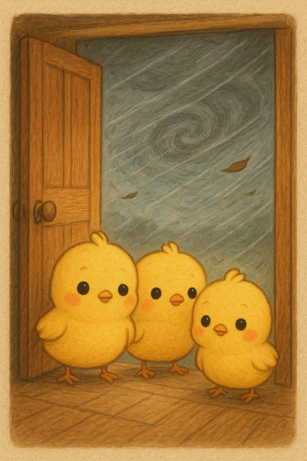 イラストの説明ピヨ！あらしがピューッとふいているそとを、ちょっぴりドキドキしながらのぞいてしまったヒヨコ三兄弟ピヨ。 あぶないってわかっているのに、きになって玄関のとびらをあけちゃった、ふっくらかわいいヒヨコたちピヨ