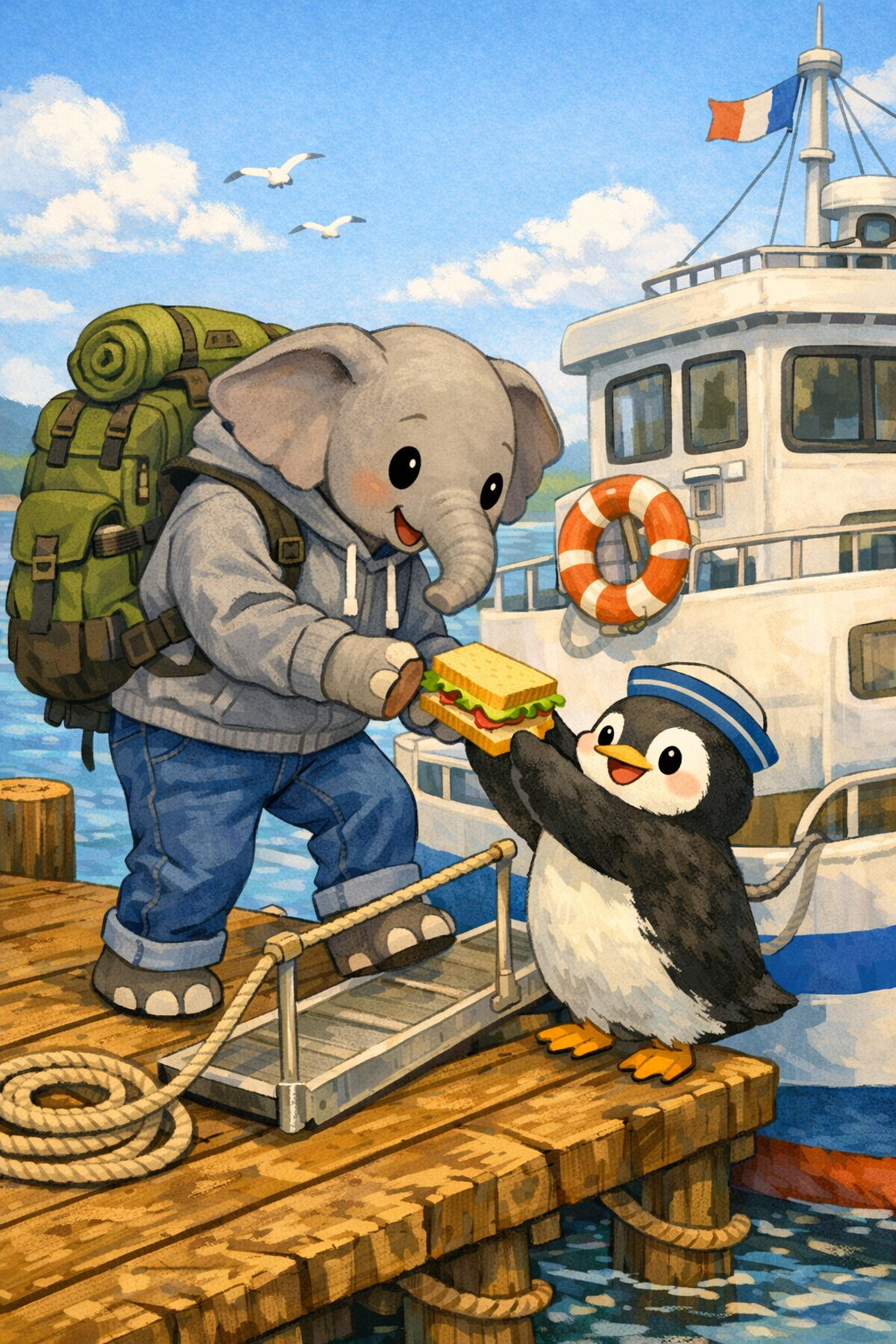 イラストの説明ピヨ。すーさんが港で大きなリュックを背負って、にこにこしながらよいちゃんにサンドイッチをもらってているピヨ。 船と青い海がきらきらして、やさしい時間が流れているイラストだピヨ。