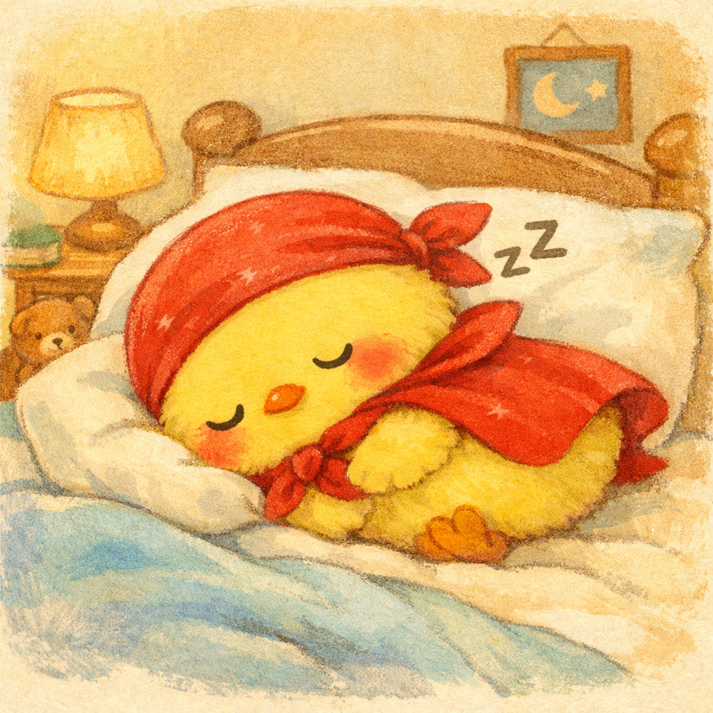 あかいマントとバンダナをつけたヒヨコくんが、いっぱいがんばって、ベッドのうえでスヤスヤおやすみピヨ〜💤 ほっぺはほんのりぽっ、まんまるおめめをとじて、あったかいゆめのなかピヨ…🌙