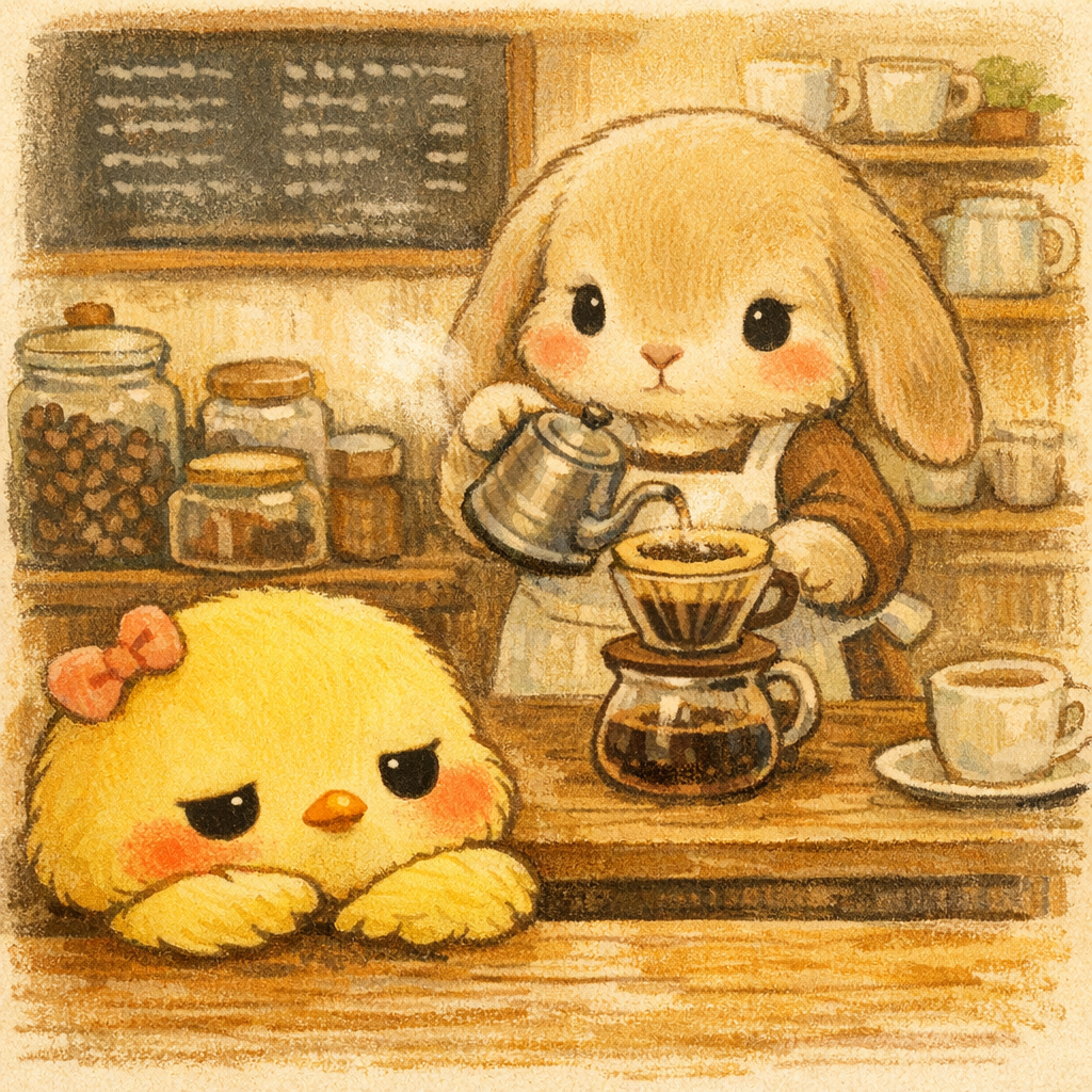 イラストの説明ピヨ。あったかカフェで、ベルちゃんがコーヒーをぽたぽたハンドドリップ中ピョン☕✨ カウンターのこちらでは、ねむねむなピヨちゃんがじーっと見つめてるピヨ…💤 ふんわりやさしい、ほっこり時間ピヨ〜🌼