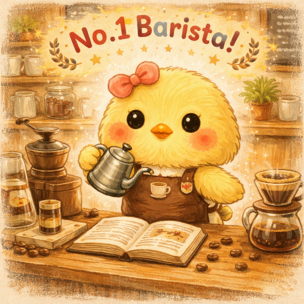 イラストの説明ピヨ!カフェでピヨちゃんが、世界一のバリスタになるって決めたピヨ!☕✨ まんまるおめめでケトルをにぎって、やる気いっぱいピヨ〜🔥 あったか夢が、ふんわり広がる一枚ピヨ🌈