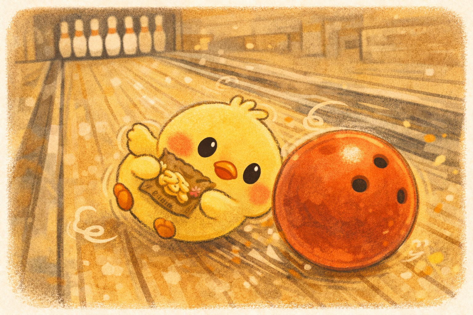 イラストの説明ピヨ。ぴもんくんが「えいっピヨ！」って投げたつもりが、 ボールといっしょに ころころ〜っ とレーンを転がっちゃったピヨ〜💦 フィッシュアーモンドをぎゅっと抱えたまま、 ほっぺを赤くしてびっくり顔ピヨ！ ピンは前に見えてるけど、止まれるかドキドキピヨ〜！
