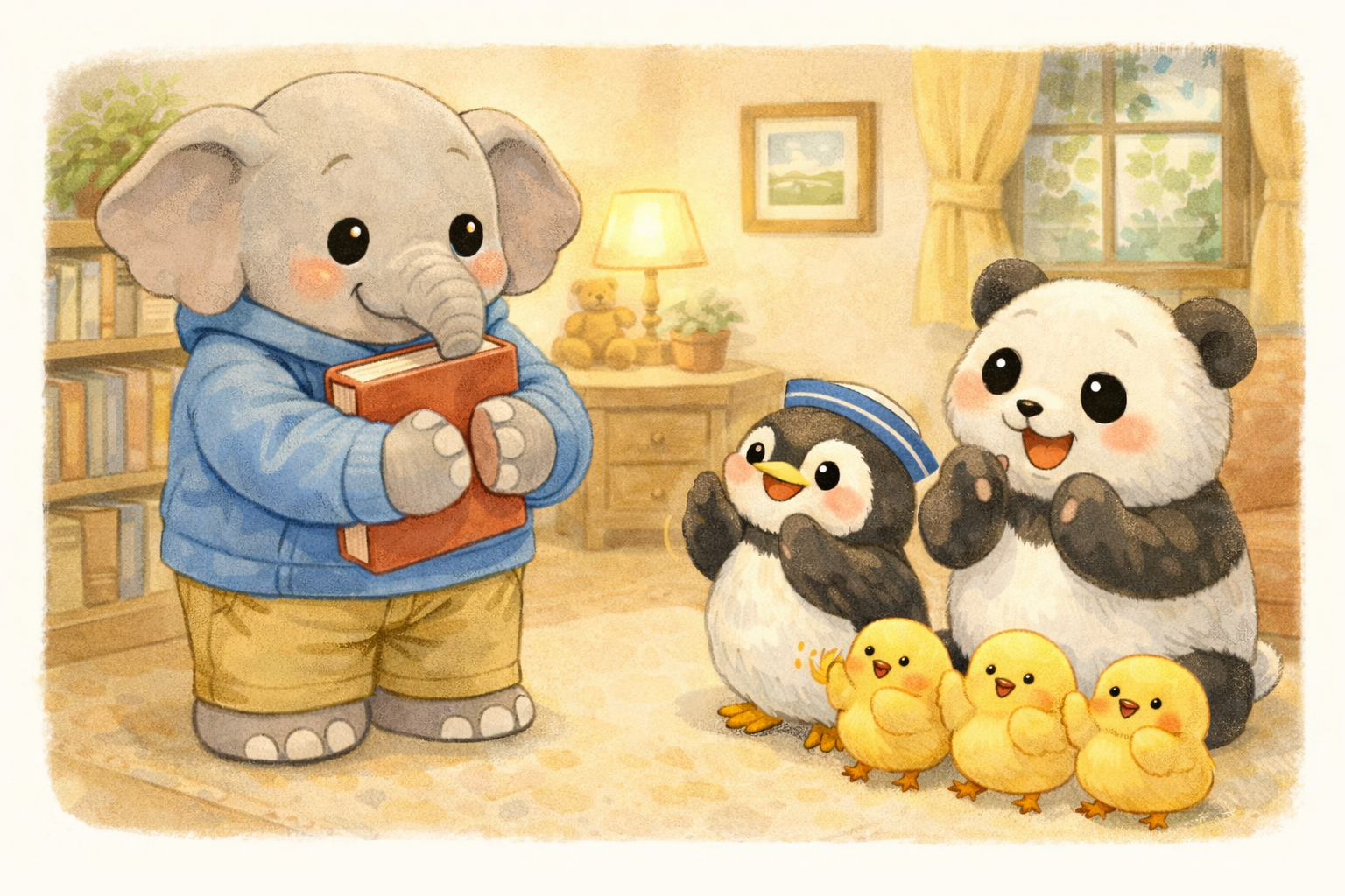 イラストの説明ピヨ。おうちの中で、本をぎゅっと抱えたゾウのすーさんに、 よいちゃんとリンちゃん、ヒヨコ三兄弟がにこにこ拍手しているピヨ。 あたたかくて、うれしい気持ちがいっぱいの場面ピヨ〜！