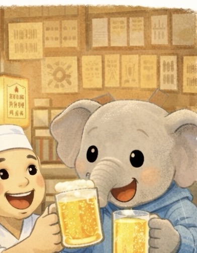 イラストの説明。お店の中で、すーさんと職人さんがにこにこ笑って麦ジュースでかんぱいしているピヨ。 あったかい灯りに包まれて、楽しいひとときが伝わってくるイラストだピヨ。