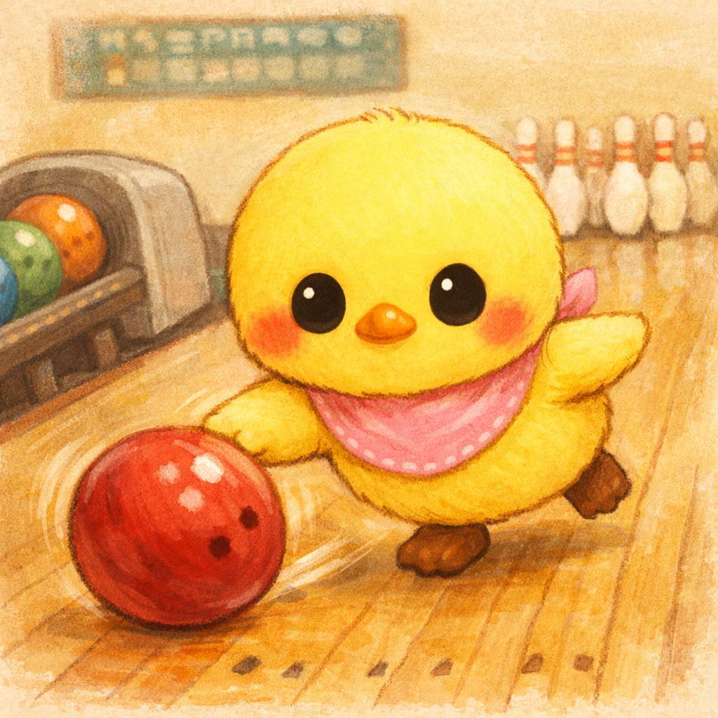 イラストの説明ピヨ。ボウリング場で、ひよたくんがピンクのスタイをつけて、赤いボールをころんっと投げてるピヨ。 まんまるおめめで真剣な顔、後ろにはピンがずら〜っと並んでて、がんばる一投ピヨ〜！ 🎳🐥