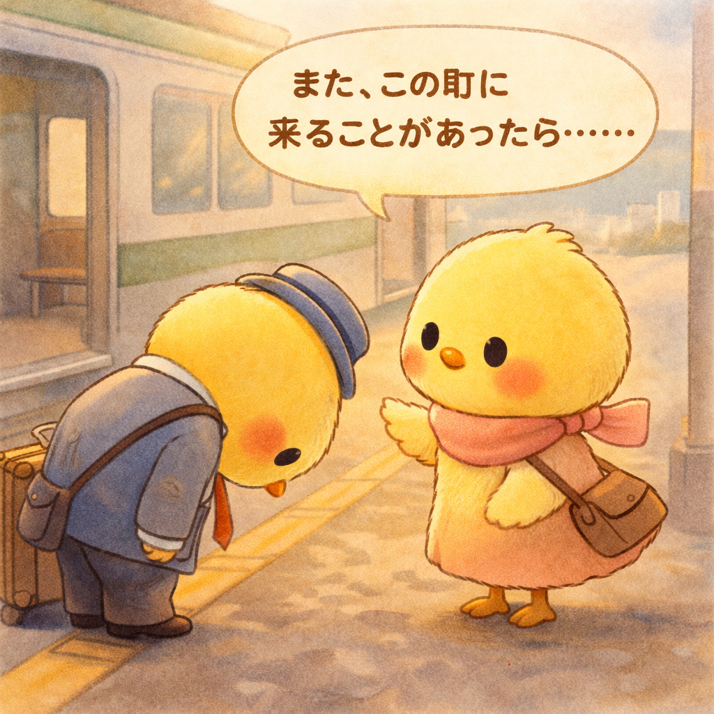イラストの説明。えきのホームで、おわかれのしゅんかんピヨ…🚉 パパはぺこりっておじぎしてるピヨ。 スーツケースをもって、いまにもいっちゃいそうピヨ。 でもママが、ゆうきをだして 「また、このまちに来ることがあったら……」って ひきとめてるピヨ💛 ここで、みらいがうごきだしたピヨ〜🐣✨