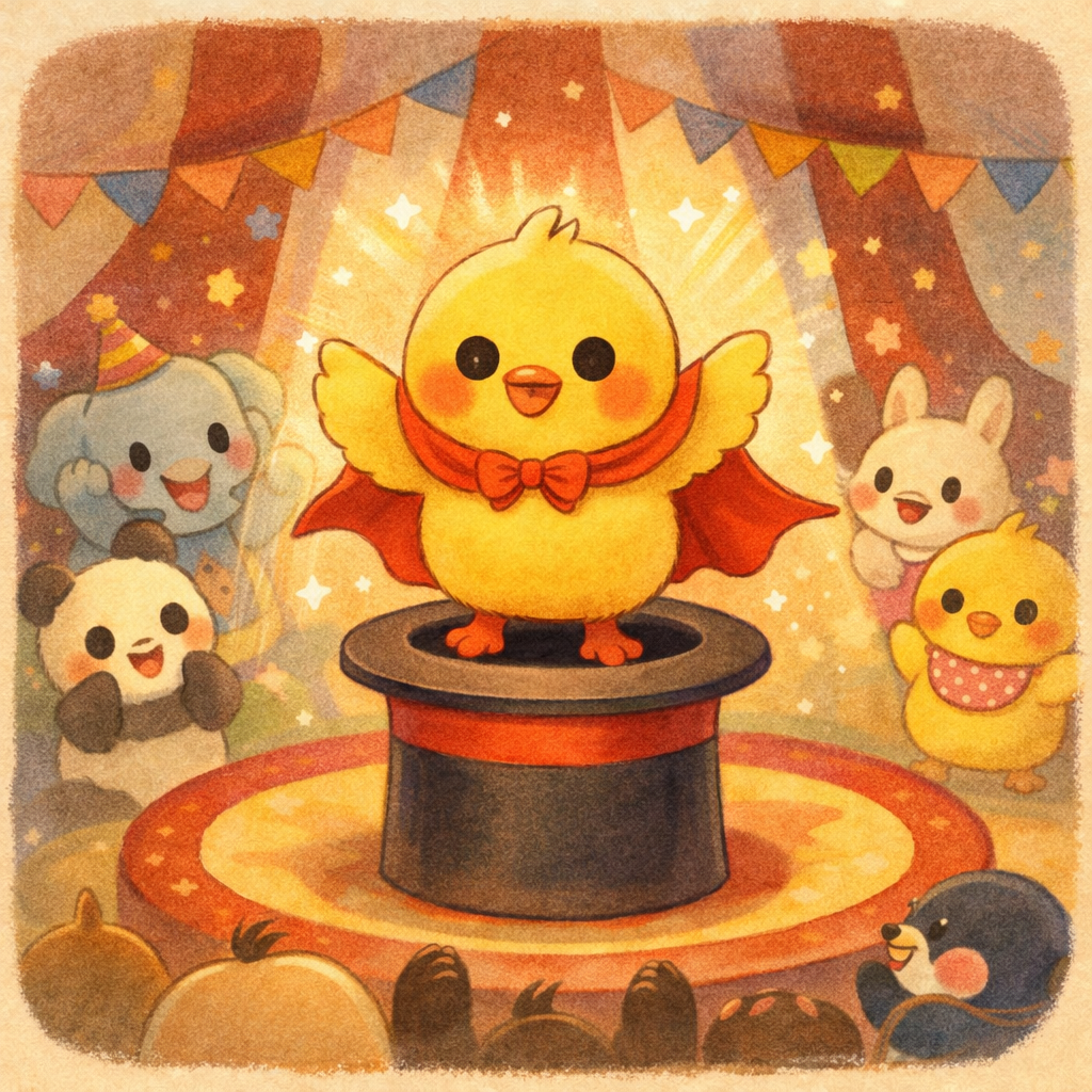 イラスト説明ピヨ！ヒヨコくんがシルクハットからぴょこん！ピヨ🎩✨ 赤いマントひら〜って広げて、 まんまるおめめでえっへんピヨ！ ほっぺほんのり赤くて、 ちょっとふっくらヒヨコマジシャンだピヨ🐣✨ まわりのみんなもキラキラおめめで拍手ピヨ〜👏🎪