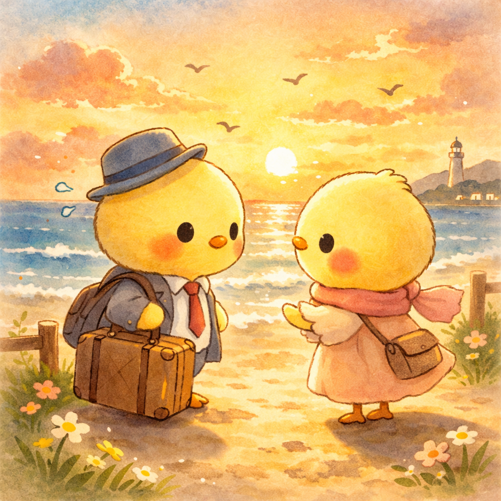 イラストの説明。ゆうやけのうみべで、はじめて出会ったしゅんかんピヨ〜🌅 パパはスーツケースをもって、ちょっぴりあせあせしてるピヨ。 ママはピンクのマフラーで、「こっちですよ」ってやさしくしてるピヨ💛 なみがきらきらしてて、そらもまっかでぽかぽか。 ここから“はじまり”がうまれたピヨ〜🐣✨